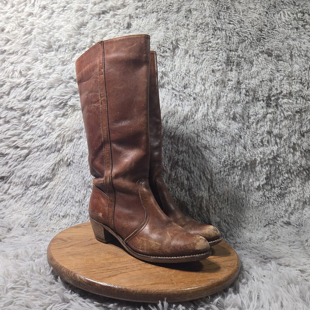 Dexter Womens Brown Leather Stacked Heel Tall Riding Boot Cognac Size 9.5M